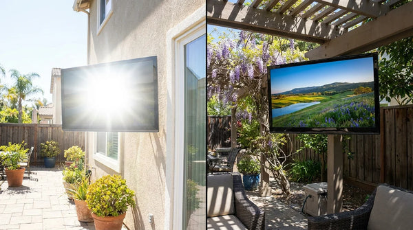 Outdoor TV in direct sunlight with glare vs same TV under pergola with clear image