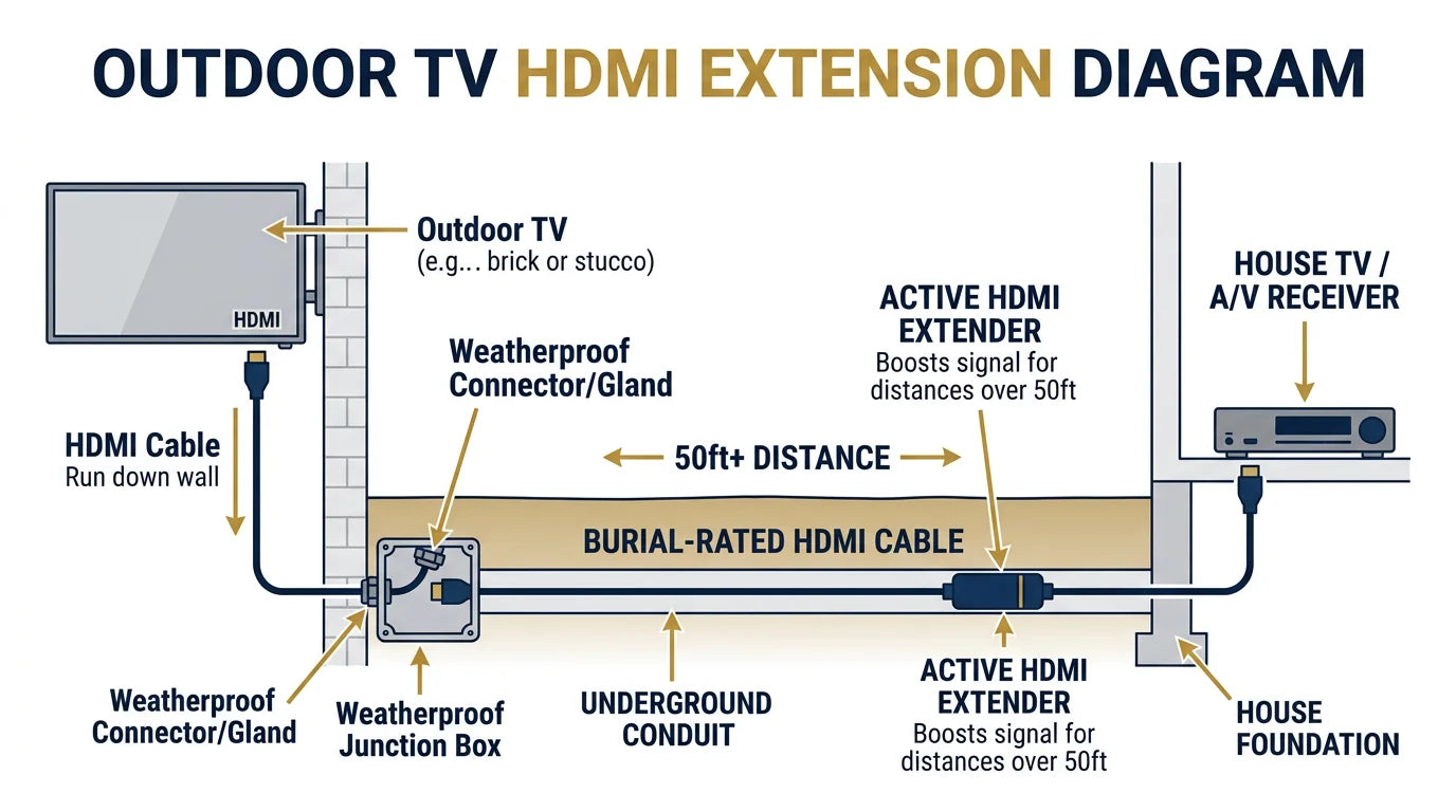 HDMI cable management diagram for outdoor TV installation