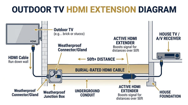 HDMI cable management diagram for outdoor TV installation