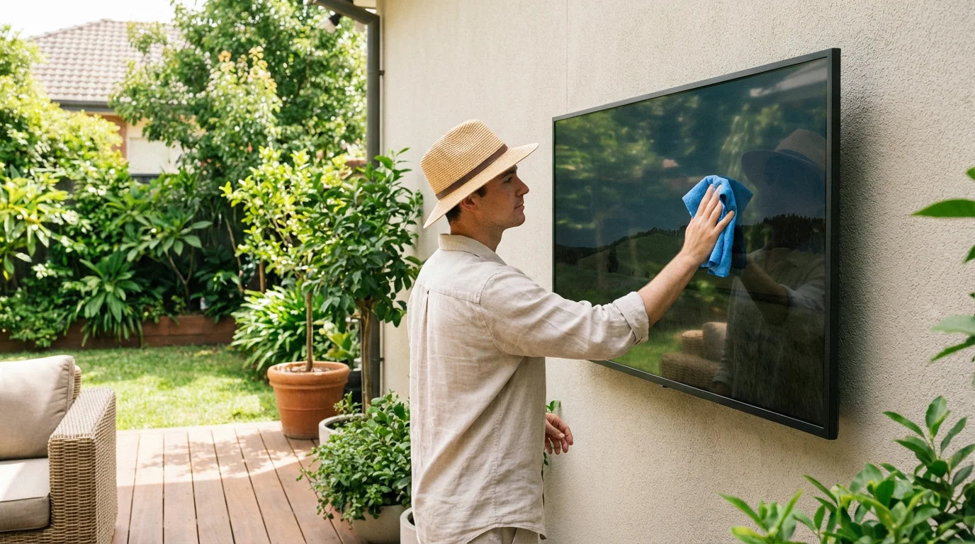 Cleaning an outdoor TV screen with a microfiber cloth in a backyard