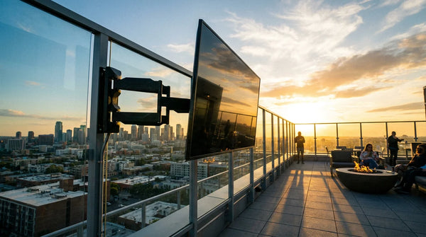 Outdoor TV mounted on a rooftop deck with city skyline view