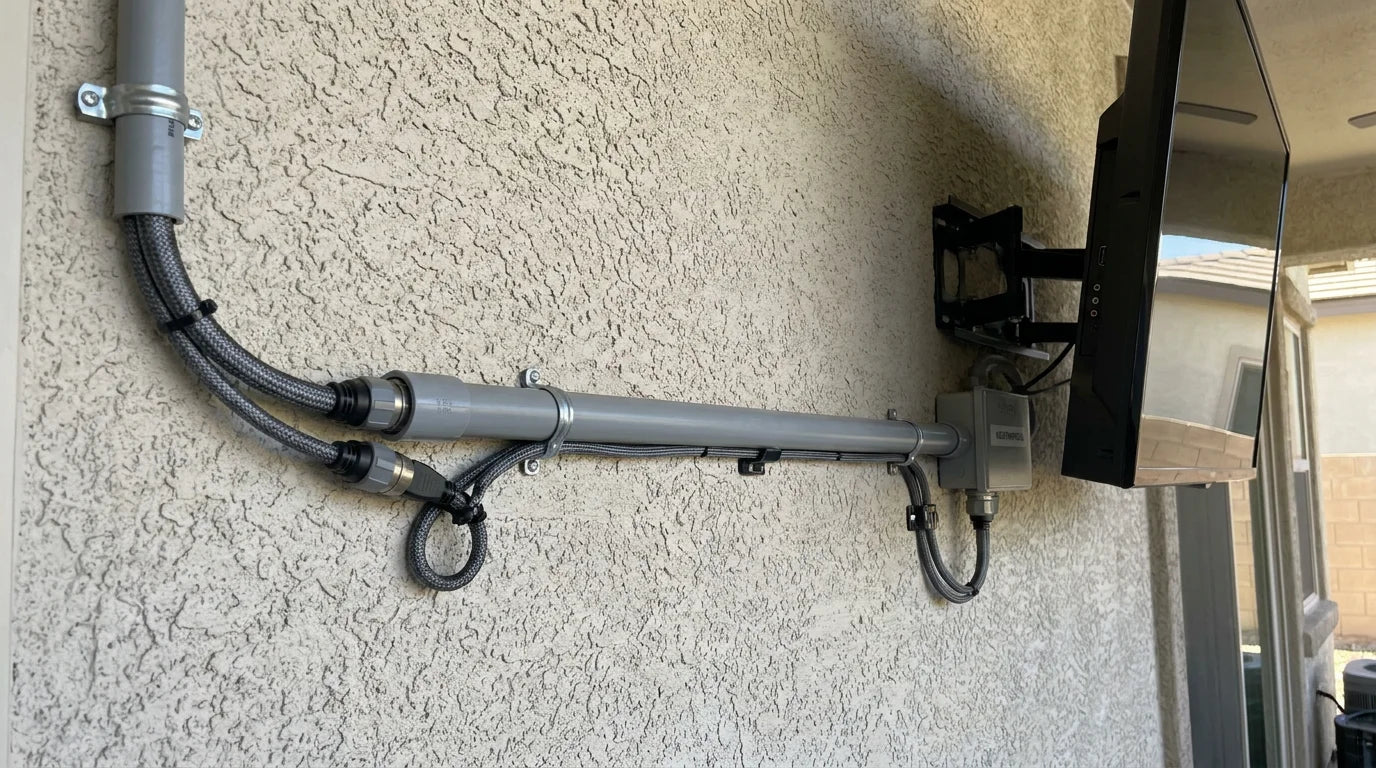 Weatherproof HDMI cable routed along exterior patio wall to outdoor TV