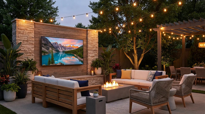 Premium 55-inch outdoor TV mounted in backyard at dusk