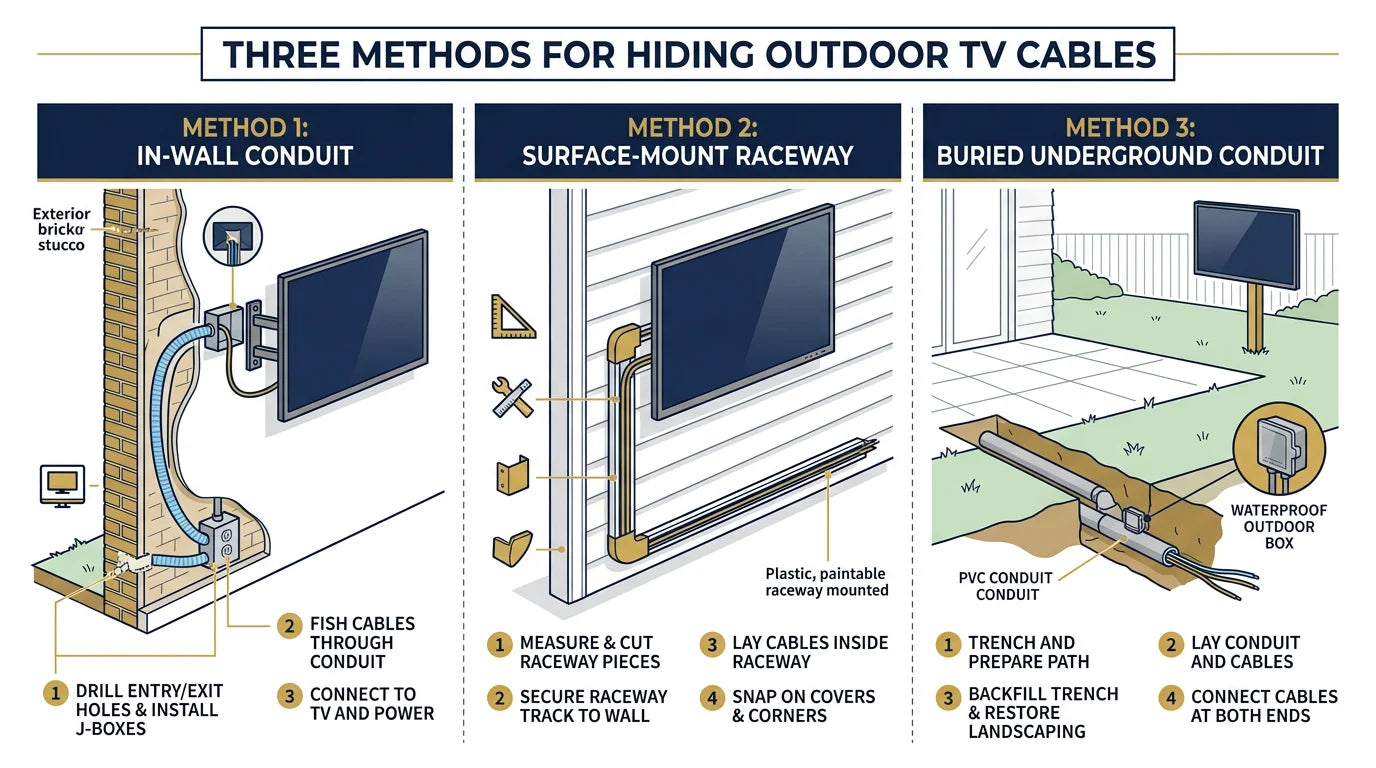 Three methods for hiding outdoor TV cables cleanly