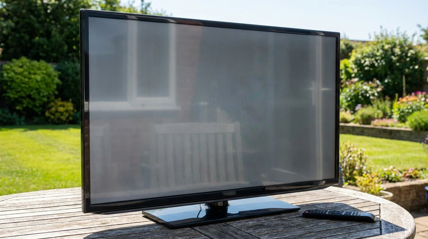 Indoor TV placed outside on a sunny patio looking washed out