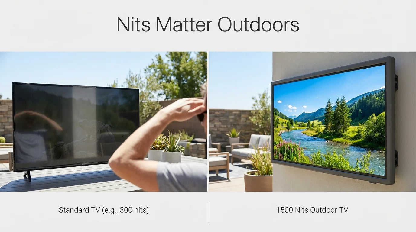 Split comparison showing dim vs bright outdoor TV screen in sunlight