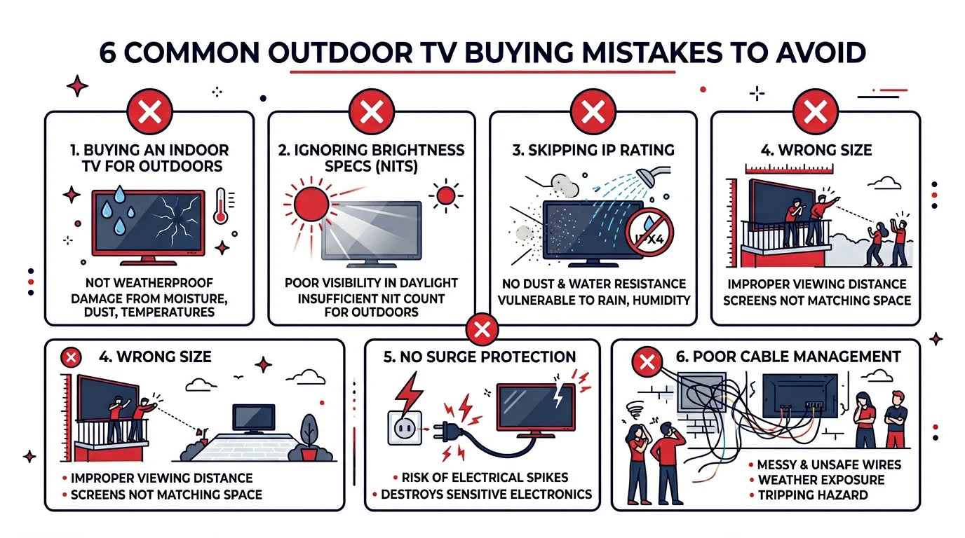 Common outdoor TV buying mistakes infographic