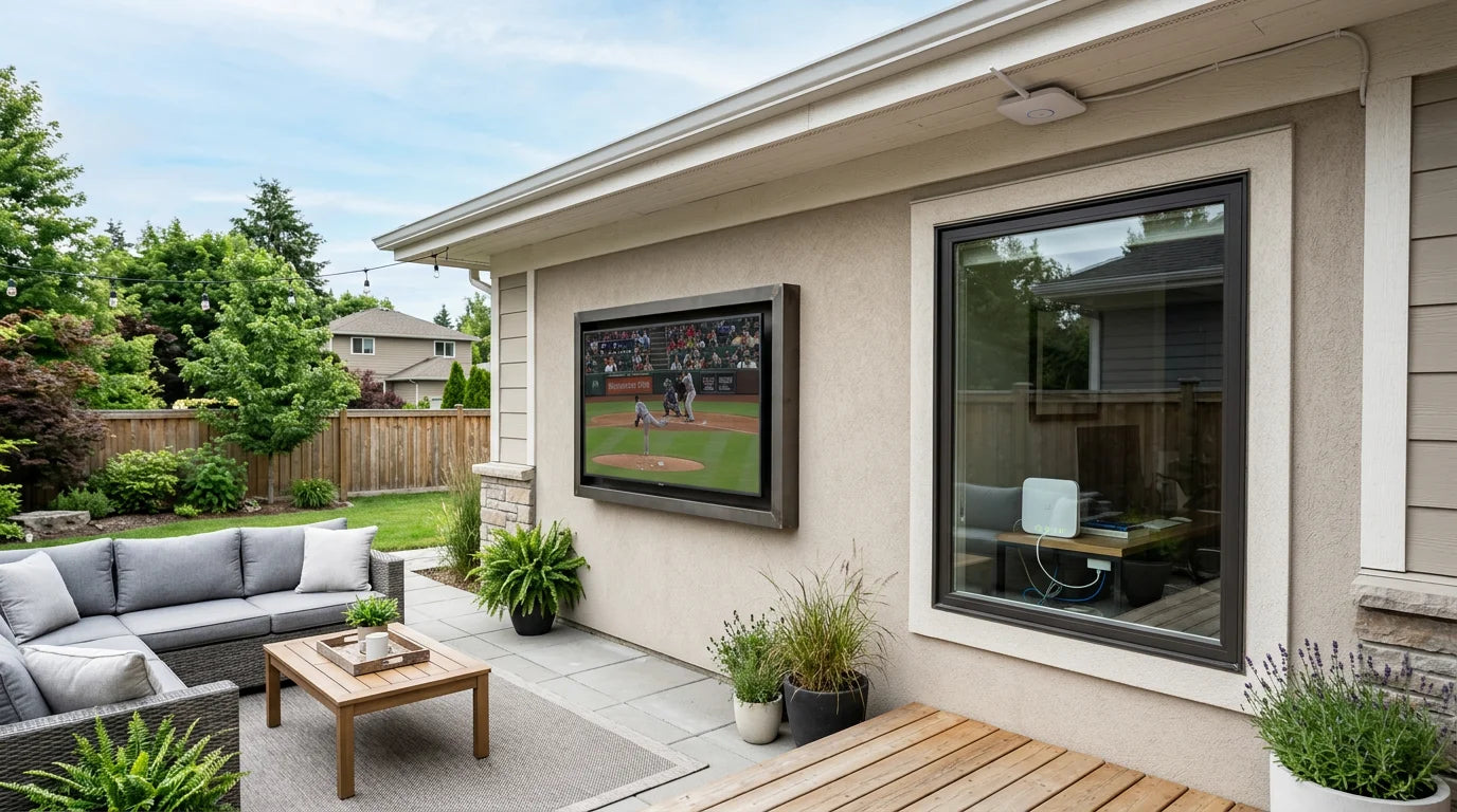 Outdoor TV on patio with mesh WiFi access point mounted under the eave