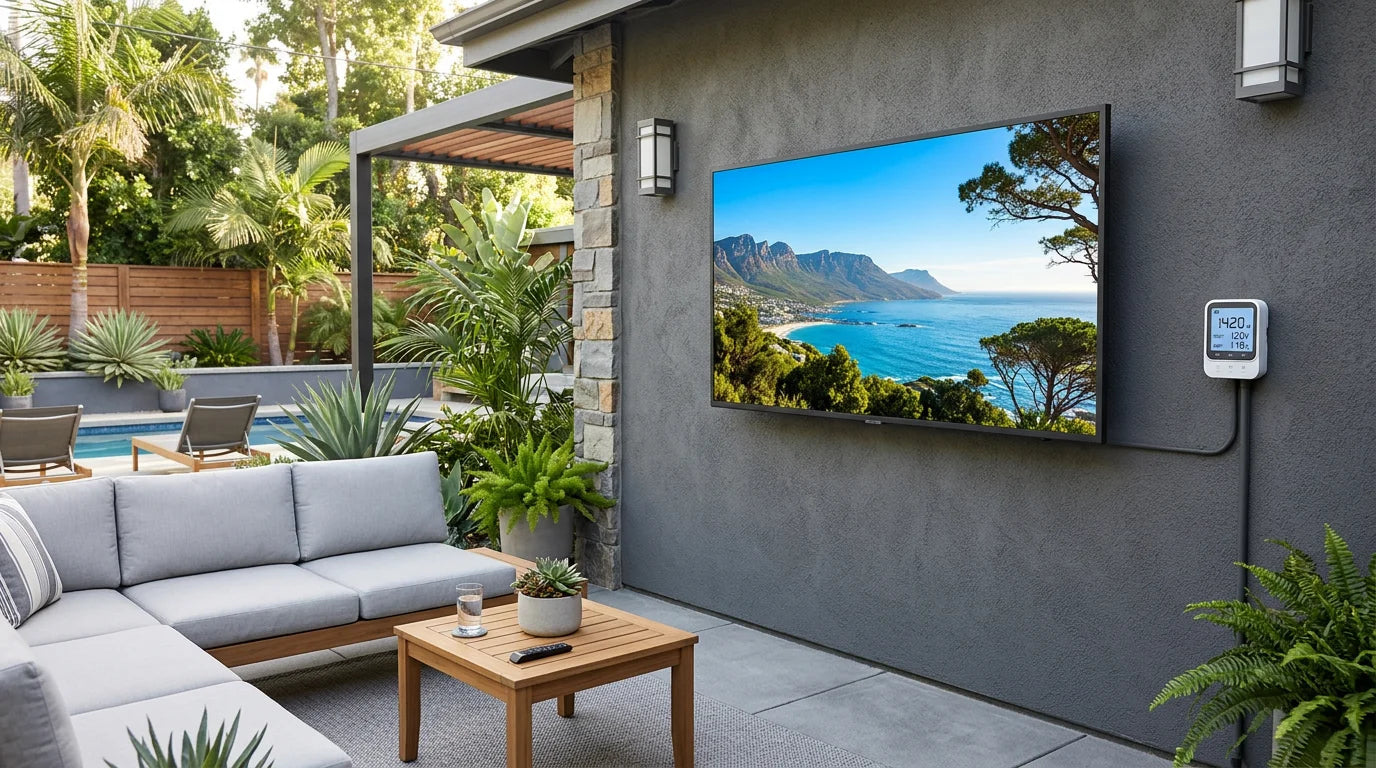Outdoor TV mounted on patio wall with power monitor showing electricity usage