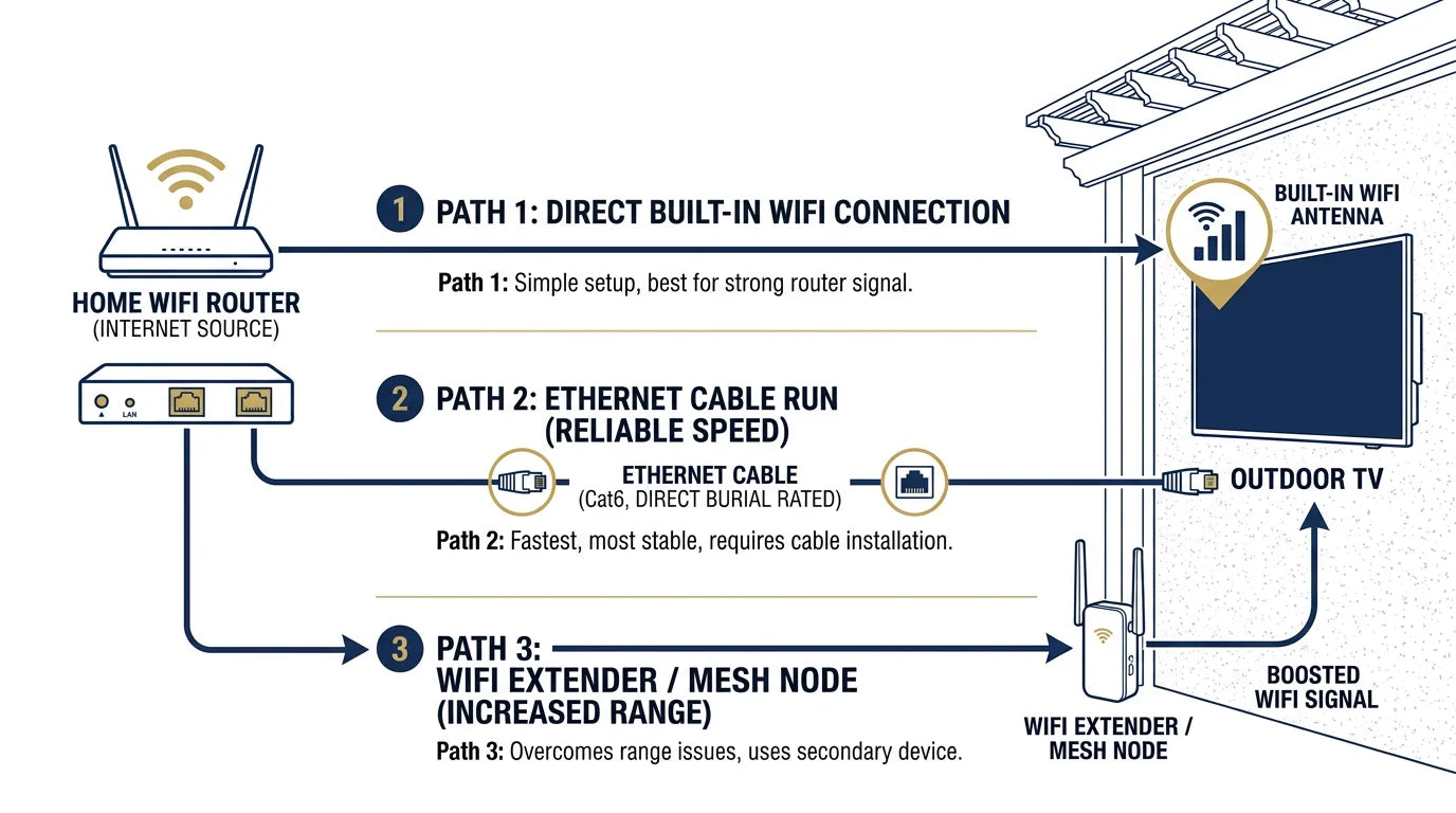 Outdoor TV WiFi and ethernet connectivity options diagram