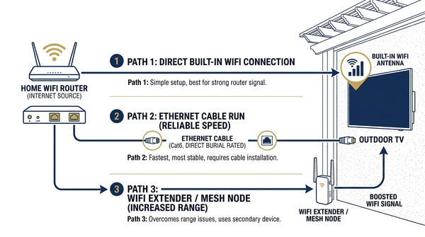 Outdoor TV WiFi and ethernet connectivity options diagram