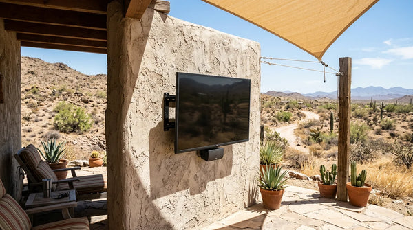 Outdoor TV mounted on sun-drenched patio wall in hot desert climate with intense sunlight