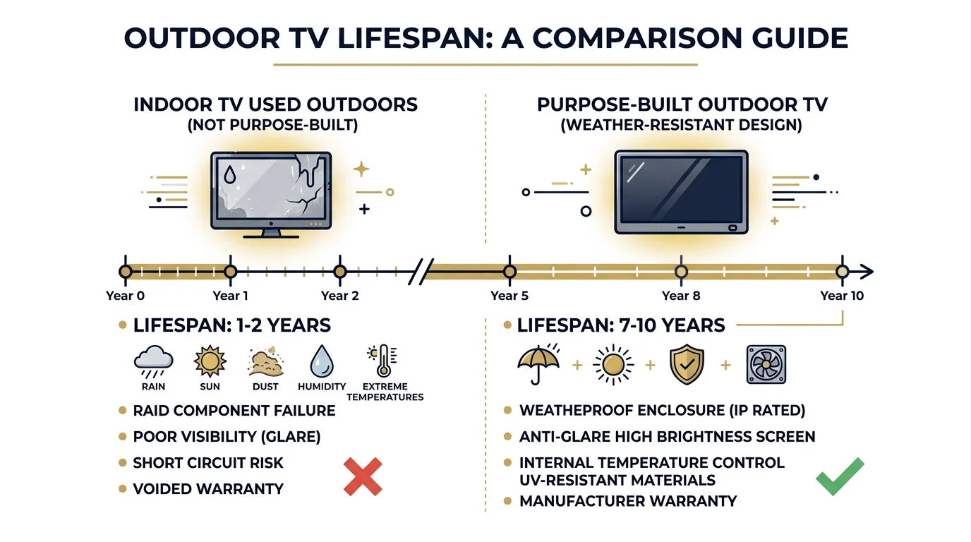 Outdoor TV lifespan comparison timeline infographic