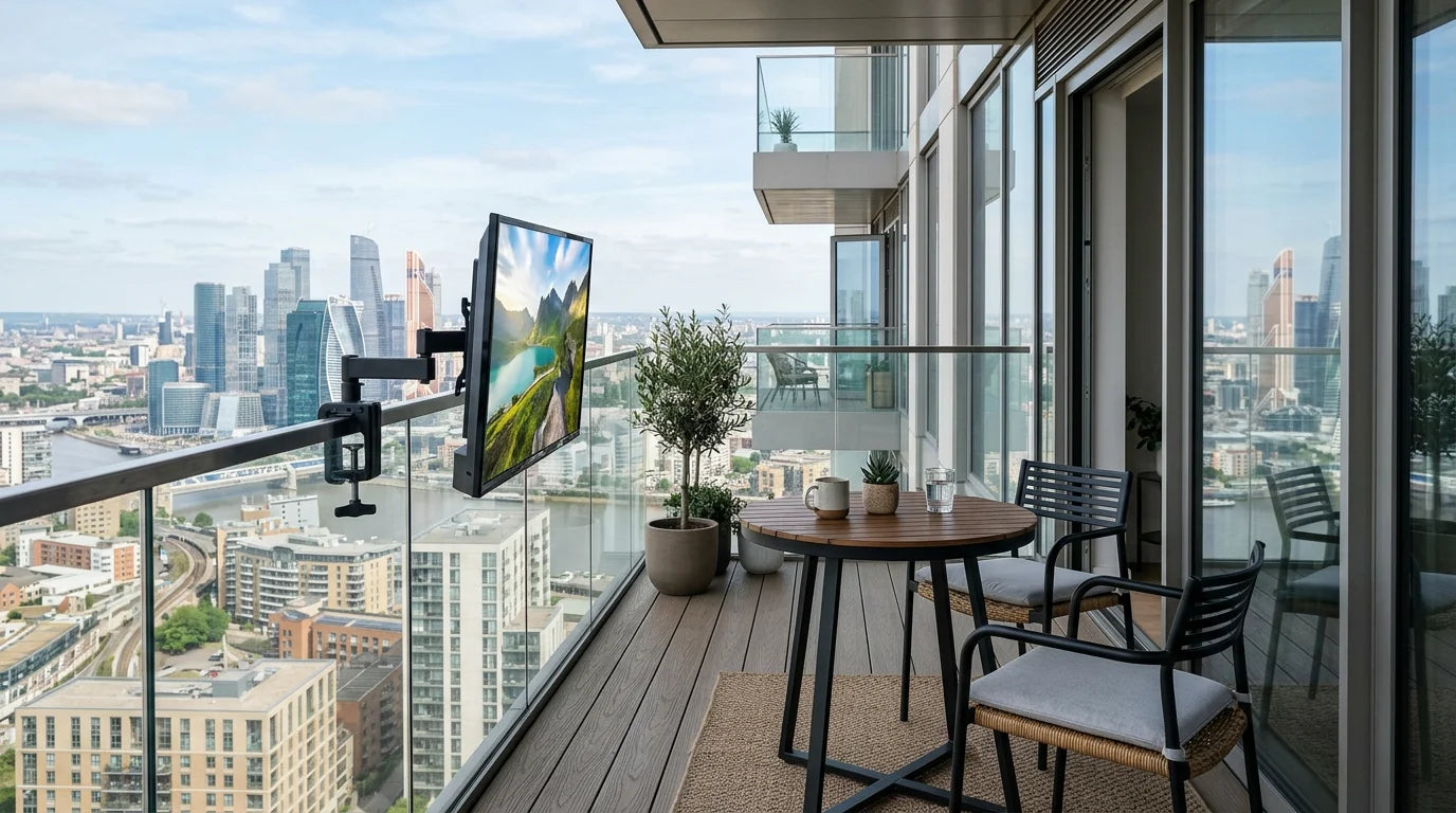 Compact outdoor TV mounted on apartment balcony railing with city skyline view