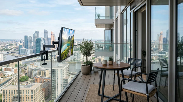 Compact outdoor TV mounted on apartment balcony railing with city skyline view