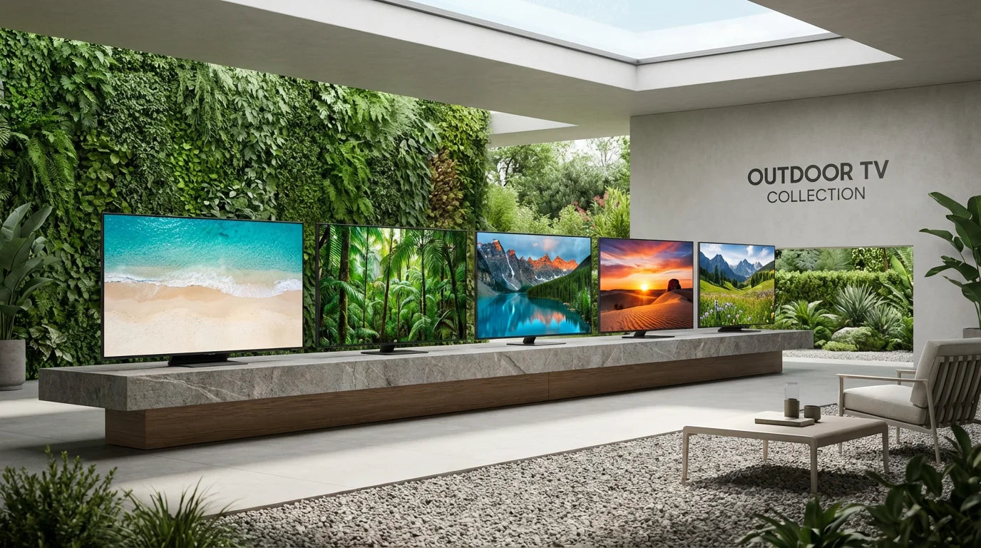 Five outdoor TVs displayed side by side for comparison