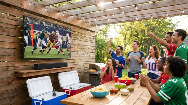 Friends watching football on outdoor TV at backyard patio party with soundbar and string lights