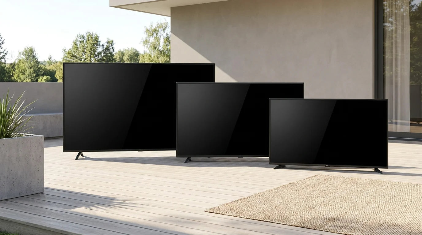 Three outdoor TVs in different sizes compared side by side on a patio