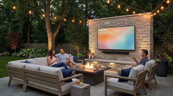 Outdoor TV with soundbar setup in a backyard entertainment area