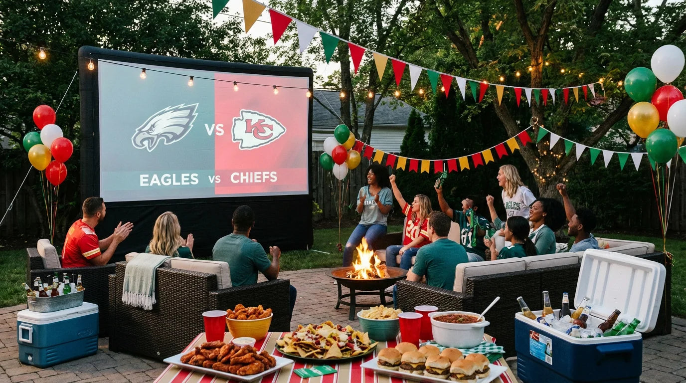 Super Bowl outdoor TV party setup in backyard with friends