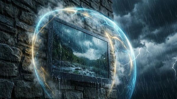 Outdoor TV in heavy rain with protective shield — warranty and weather protection