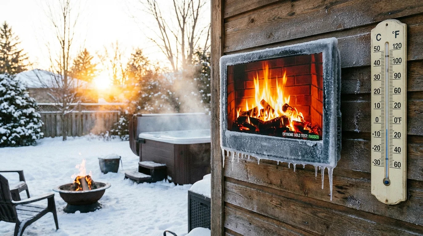 Outdoor TV working in cold snowy winter backyard