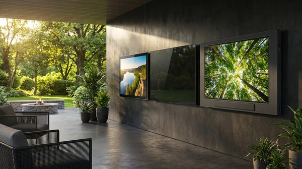 Outdoor TV brand comparison — Sylvox, Samsung The Terrace, SunBrite side by side on a covered patio