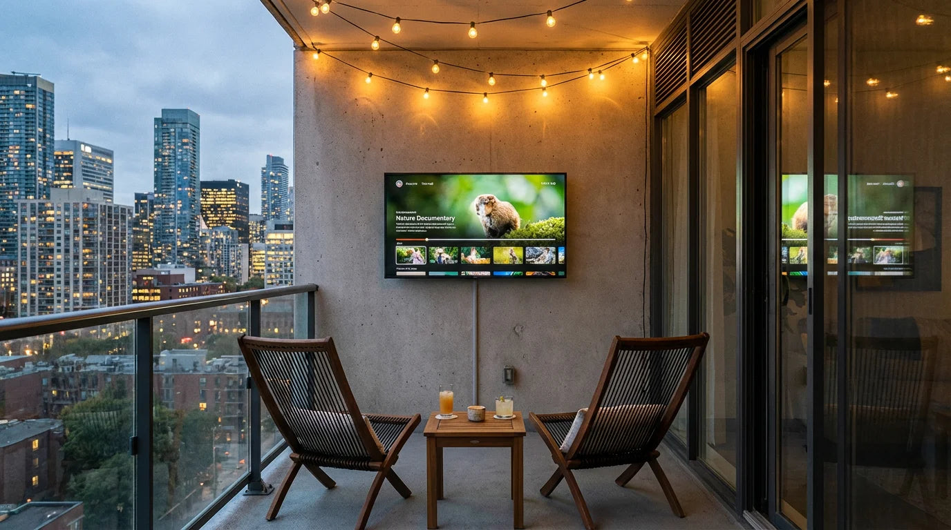Outdoor TV mounted on apartment balcony with city skyline view