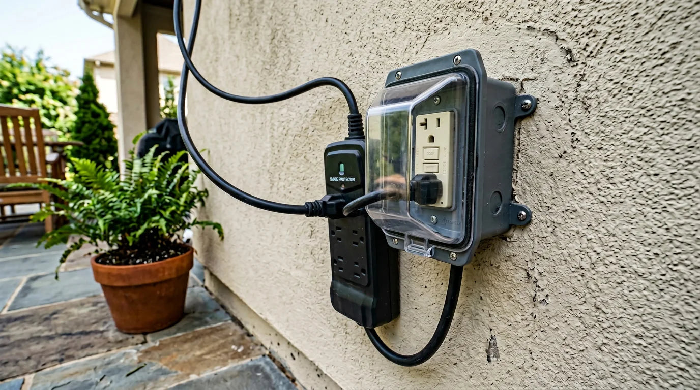 Weatherproof surge protector plugged into outdoor GFCI outlet powering an outdoor TV