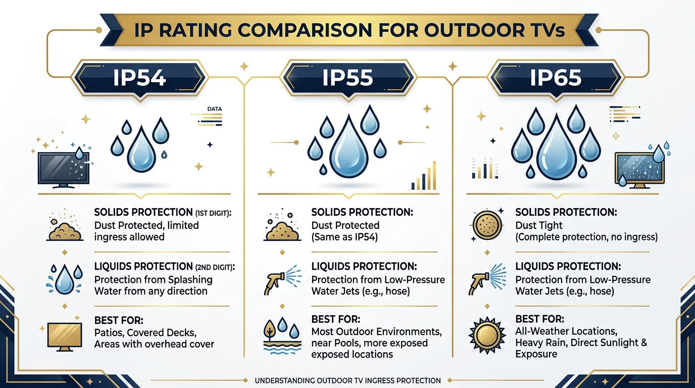 IP54 vs IP55 vs IP65 rating comparison guide for outdoor TVs