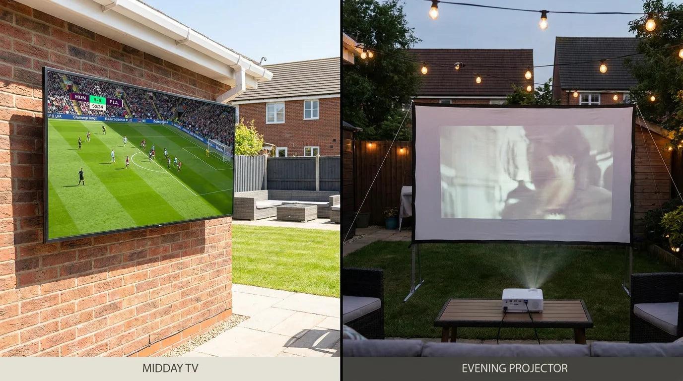 Outdoor TV vs outdoor projector side-by-side comparison