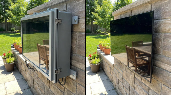 Indoor TV in bulky weatherproof enclosure vs slim outdoor TV mounted side by side on patio