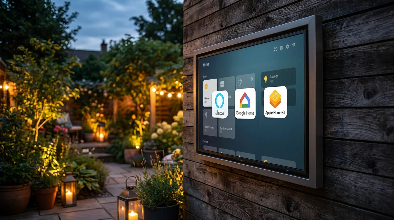 Outdoor TV on a patio connected to smart home Alexa Google Home