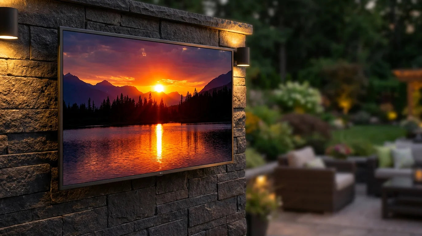 Outdoor TV displaying vibrant HDR content on a patio at dusk