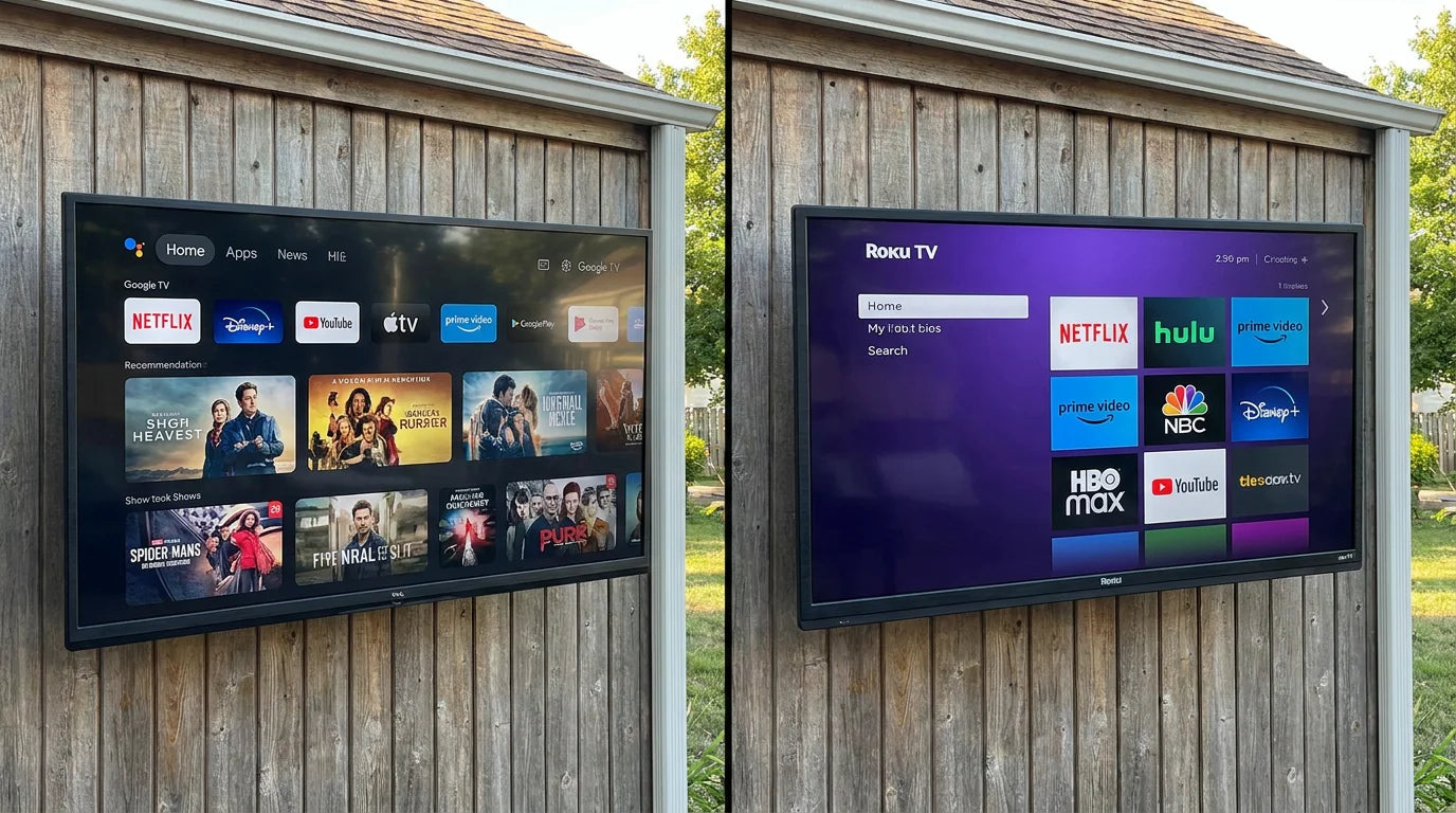 Google TV interface vs Roku TV interface comparison on outdoor TV screens