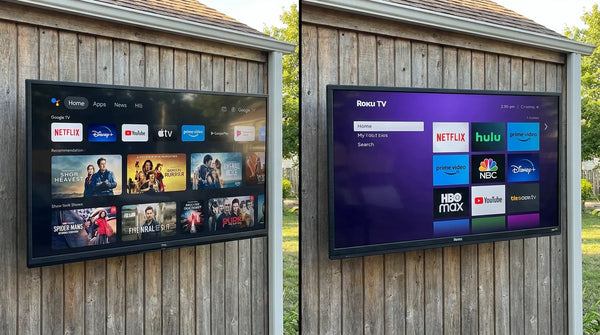 Google TV interface vs Roku TV interface comparison on outdoor TV screens