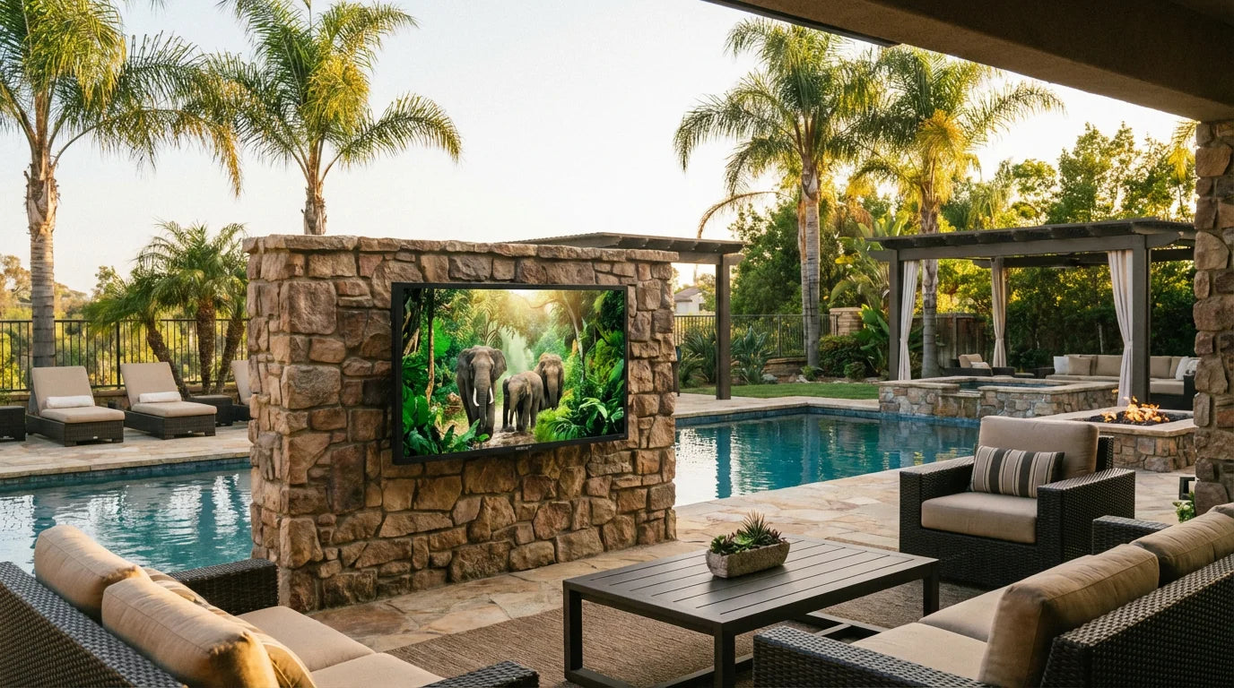 65-inch outdoor TV mounted in luxury backyard pool area