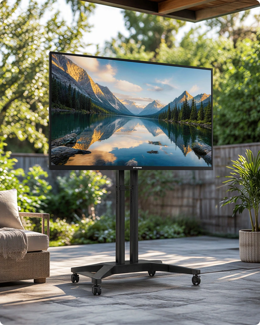 Outdoor TV installed on a floor stand
