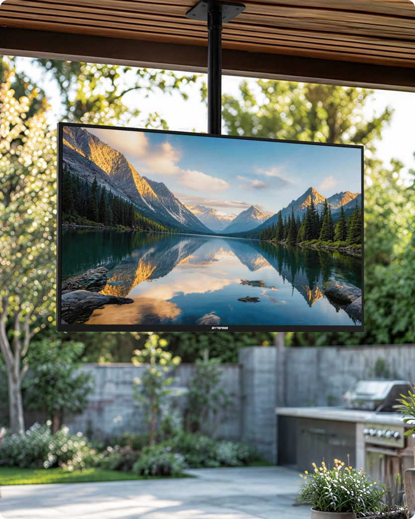 Outdoor TV installed with a ceiling mount