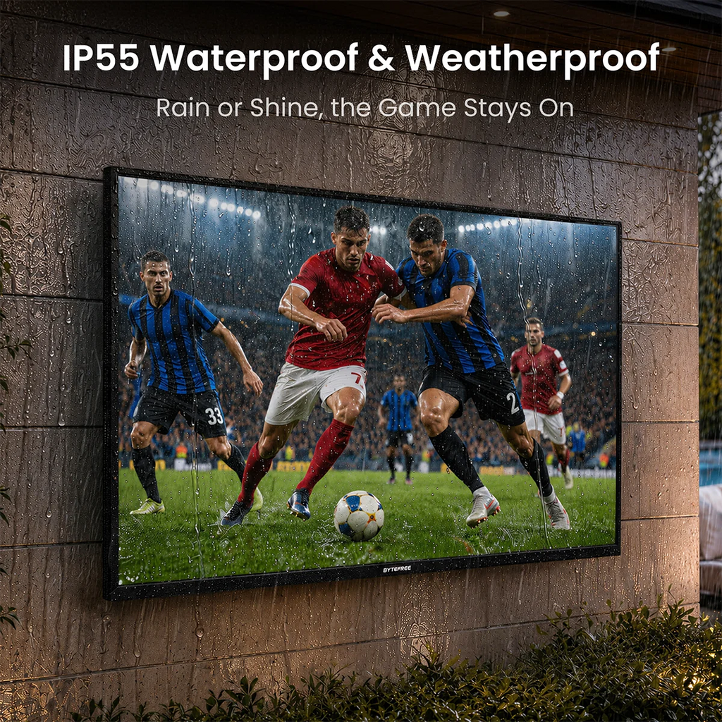 ByteFree 55" Outdoor TV — Google TV, 1500 Nits, Dolby Vision + Atmos, IP55, HDMI 2.1